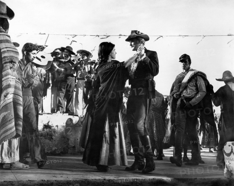 Senta Berger, Richard Harris, Charlton Heston, on-set of the western film, "Major Dundee", Columbia Pictures, 1965