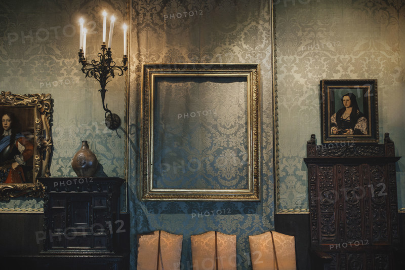 Empty frame of stolen artwork, Lady and Gentleman in Black by Rembrandt, Isabella Stewart Gardner Museum, Boston, Massachusetts, USA