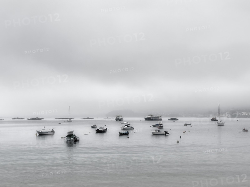 Boats moored in harbor on cloudy day, Bueu, Spain