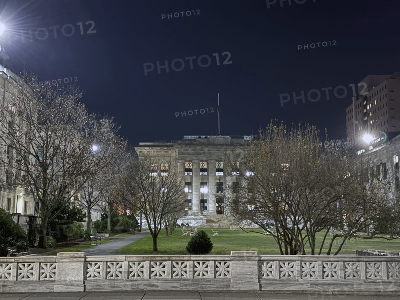 Harvard Medical School, building exterior and quadrangle at night, Boston, Massachusetts, USA