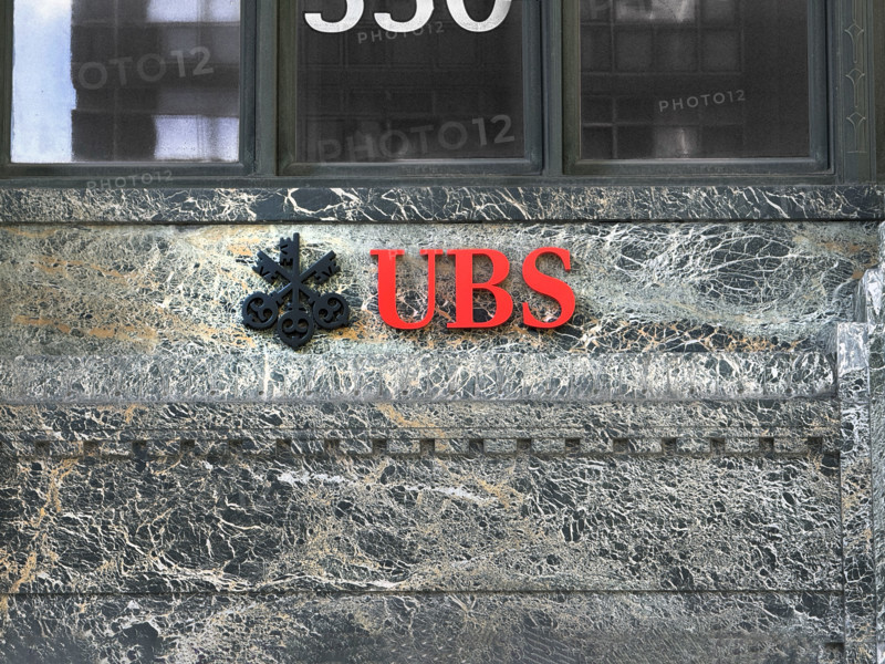 UBS Group AB, office building exterior with company logo and sign, New York City, New York, USA