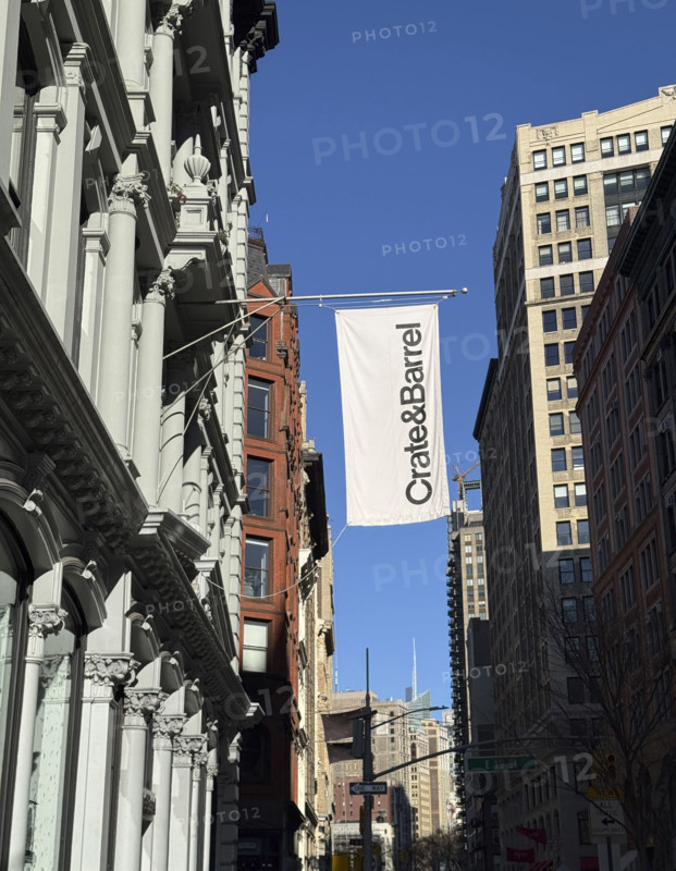 Crate & Barrel store banner hanging from exterior store building, New York City, New York, USA