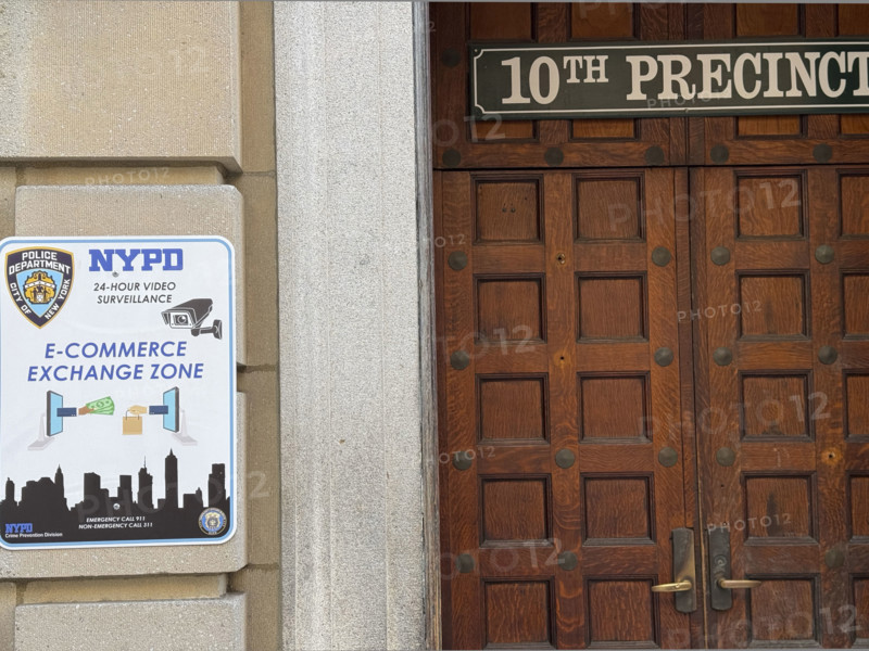 NYPD Station E-Commerce Exchange Zone, sign on building exterior, 10th Precinct, New York City, New York, USA