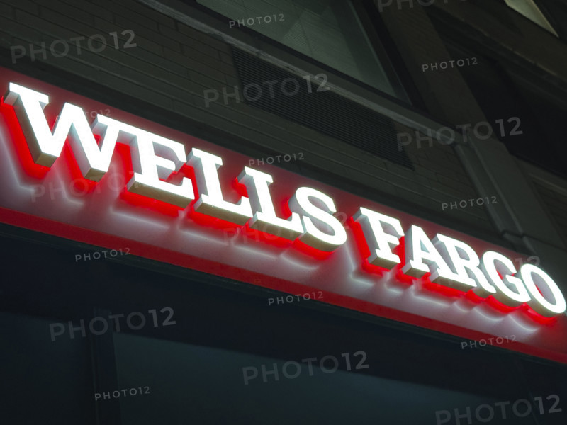 Wells Fargo bank office, company sign on building exterior, New York City, New York, USA