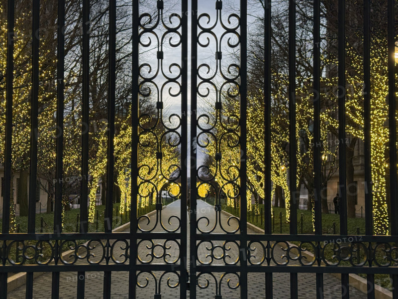 Entrance Gate at College Walk at dusk with illuminated lights wrapped around trees, Columbia University, New York City, New York, USA