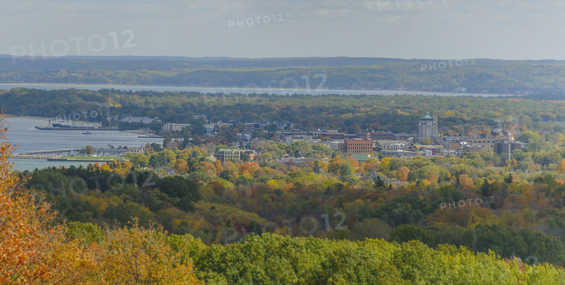 High angle autumn view of Traverse City, Michigan, USA from Wayne Hill