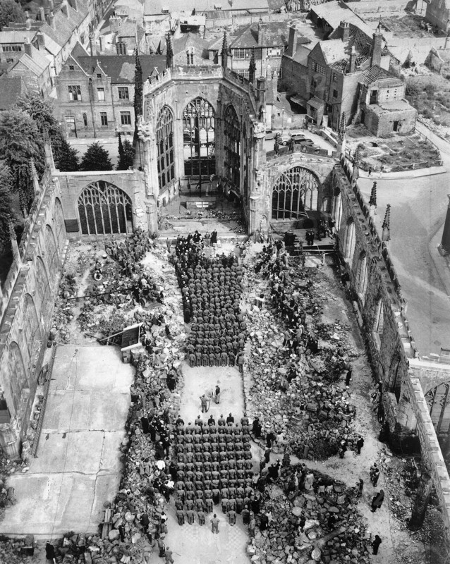 U.S. wounded soldiers, patients in nearby convalescent hospitals, attend Mother's Day services in blitzed cathedral, Coventry, England, UK, U.S. Army Signal Corps, May 13, 1945