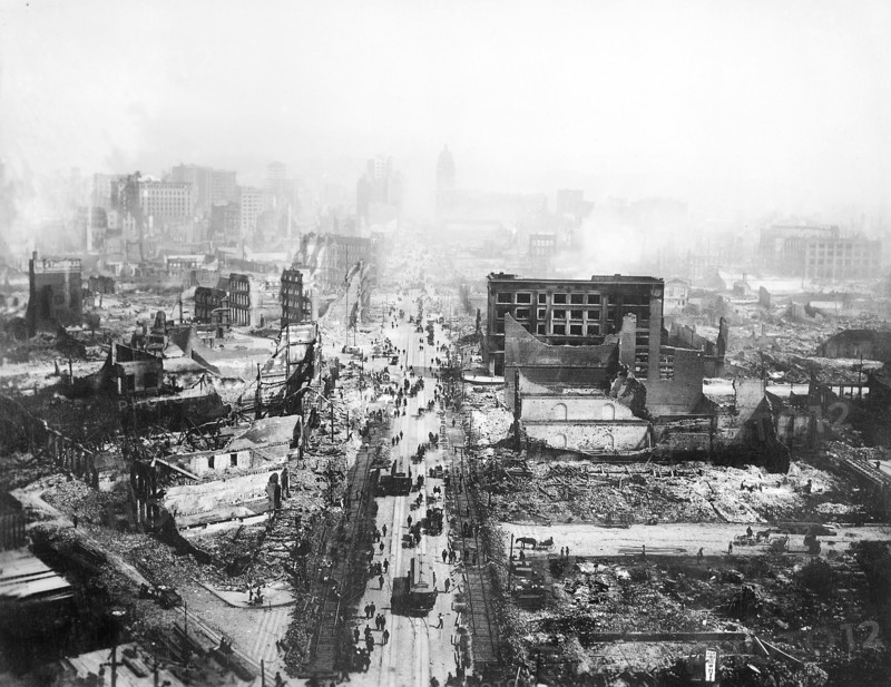 Ruins still smoldering after earthquake, viewed from tower of Union Ferry Building. Market Street between Sacramento and Third Streets, San Francisco, California, USA, U.S. Army Signal Corps, April 1906
