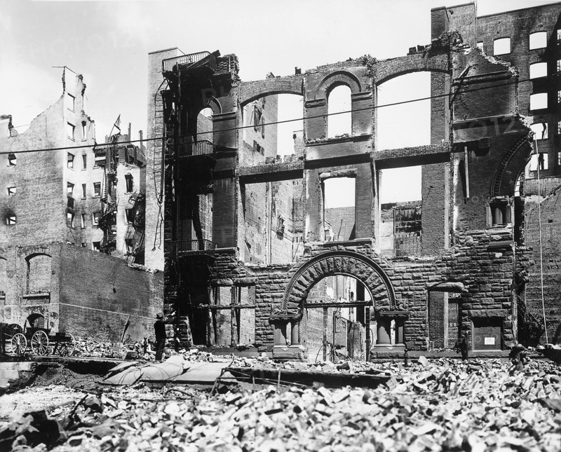 Damaged Olympic Club (with large arch) from earthquake, Post Street near Mason, San Francisco, California, USA, U.S. Army Signal Corps, April 1906