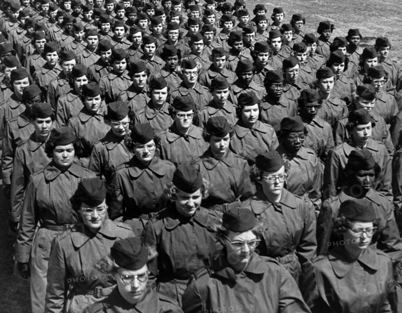 Group of female basic trainees marching in company formation at WAC training Center, Fort McClellan, Alabama, USA, U.S. Army Signal Corps, 1968
