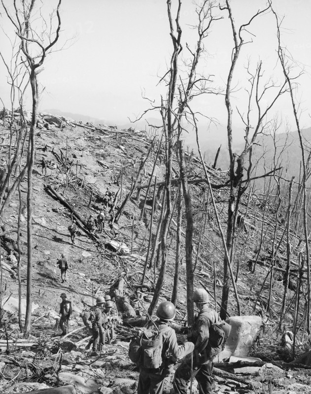 Members of U.S. 1st ARVN Division move along trail during assault operation near Fire Support Base O'Reilly, Vietnam, U.S. Army Signal Corps, October 8, 1970