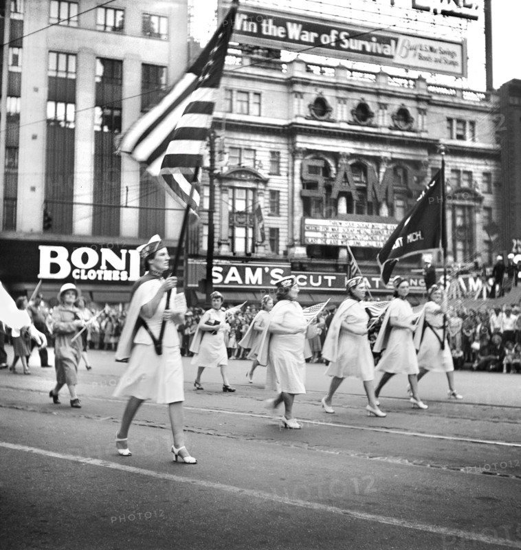 Women workers marching in Labor Day Parade, Detroit, Michigan, USA, Arthur S. Siegel, U.S. Office of War Information, September 1942