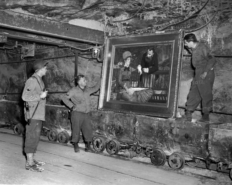 Painting by French Impressionist Edouard Manet, titled "Wintergarden", stolen by the Nazis, discovered by 3rd U.S. Army in vault at Merkers salt mines, Merkers, Germany, U.S. Army Signal Corps, April 25, 1945