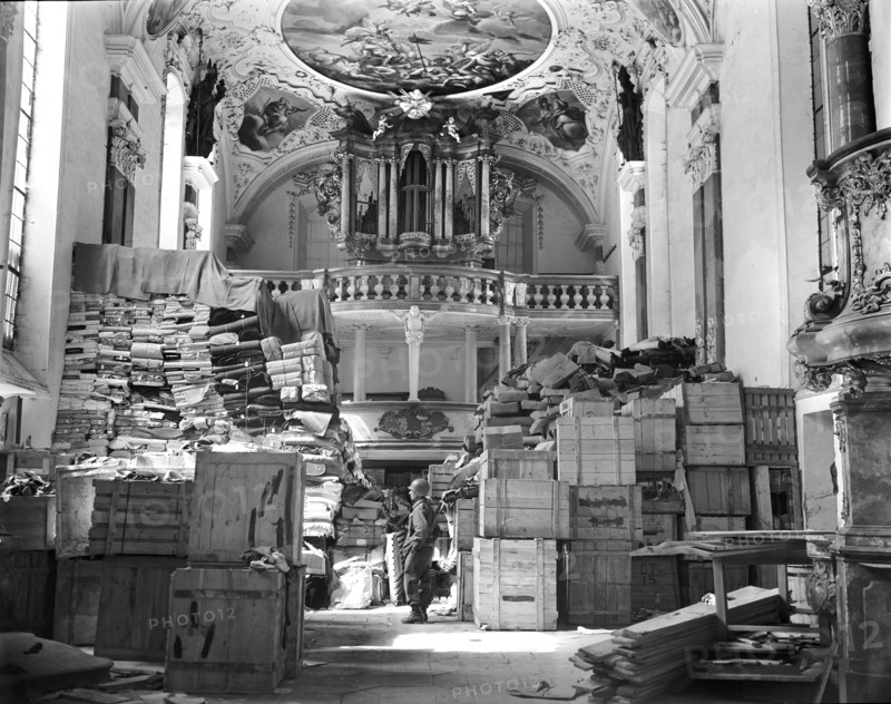 Troops of U.S. Third Army with German loot discovered in church, Ellingen, Germany, U.S. Army Signal Corps, April 24, 1945