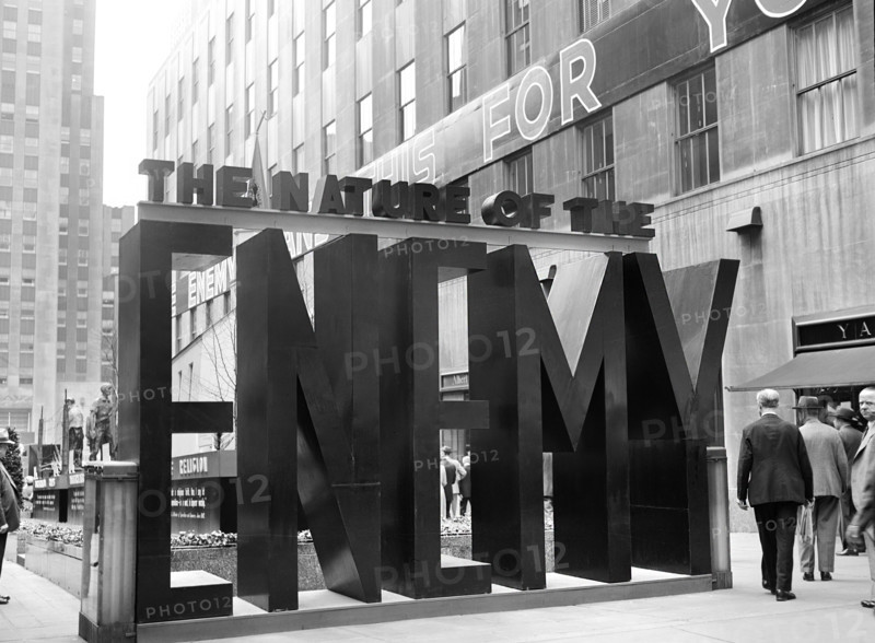 Entrance to the 'Nature of the Enemy' exhibition, sponsored by U.S. Office Of War Information, Rockefeller Plaza, New York City, New York, USA, Arthur S. Siegel, U.S. Office of War Information, May 1943