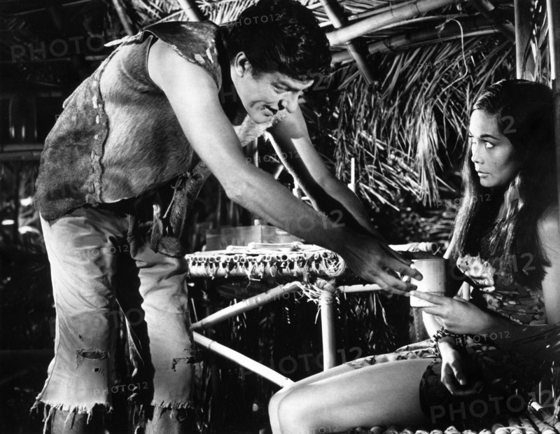 Dick Van Dyke, Nancy Kwan, on-set of the Walt Disney film, "Lt. Robin Crusoe, U.S.N.", Buena Vista, 1966