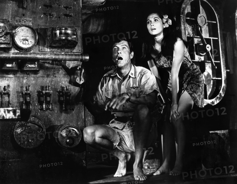 Dick Van Dyke, Nancy Kwan, on-set of the Walt Disney film, "Lt. Robin Crusoe, U.S.N.", Buena Vista, 1966