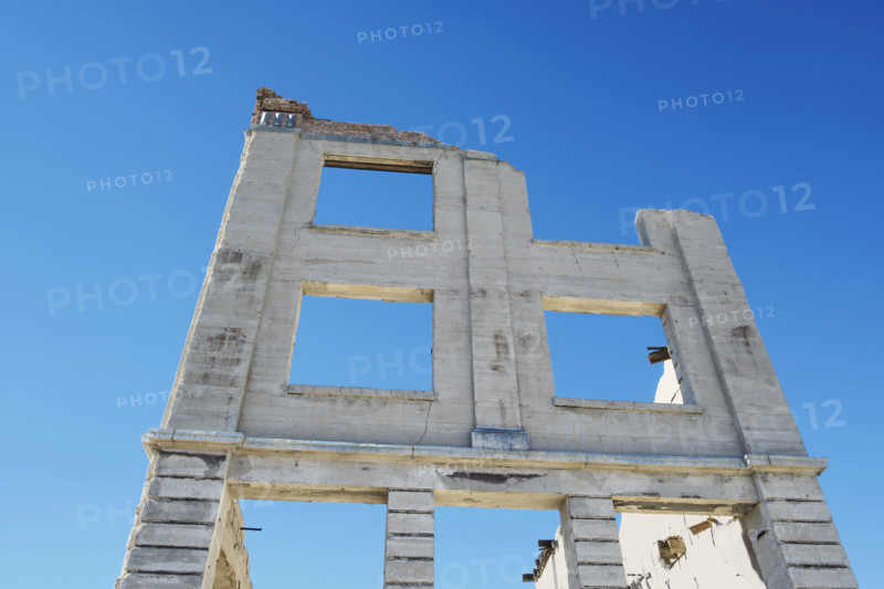 Low angle view of facade of the John S. Cook and Co. Bank in mining ghost town, Rhyolite, Nevada, USA