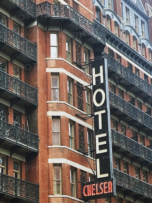 Chelsea Hotel, building exterior with sign detail, West 23rd Street, New York City, New York, USA