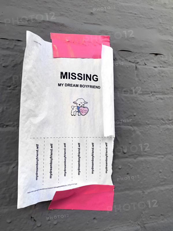 Sign posted for missing dream boyfriend on brick wall secured with pink adhesive tape, Brooklyn, New York, USA