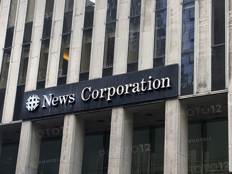 News Corporation, detail of company logo on building exterior, 1211 Avenue of the Americas, New Yor City, New York, USA