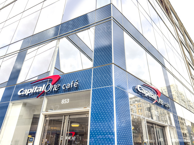 Capital One Cafe, building exterior and company sign, New York City, New York, USA