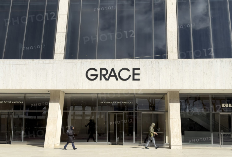 W.R. Grace Building, close-up exterior view of building sign and entrance, West 42nd Street, New York City, New York, USA