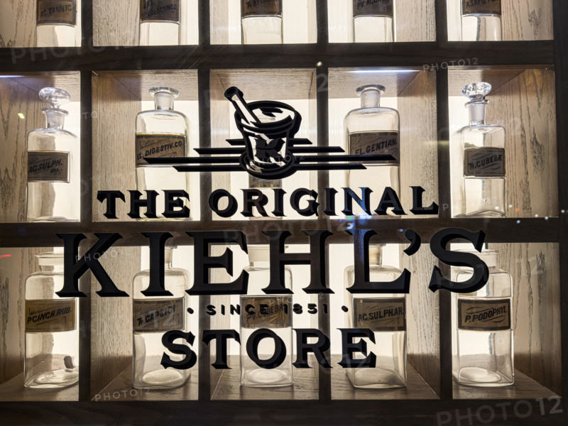 Kiehl's flagship store, glass bottles on display, 109 Third Avenue, New York City, New York, USA