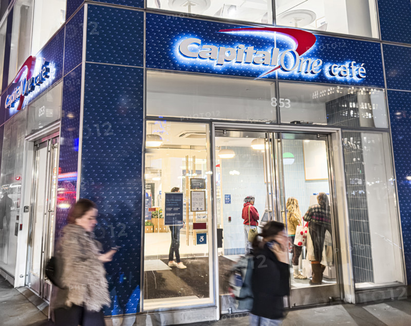 Capital One Cafe, building exterior and sidewalk scene, New York City, New York, USA
