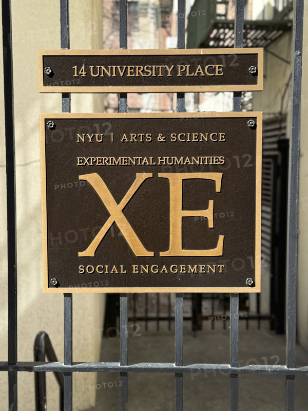 NYU, Arts & Science, Experimental Humanities, Social Engagement, engraved metal plaque on iron gate, 14 University Place, Greenwich Village, New York City, New York, USA
