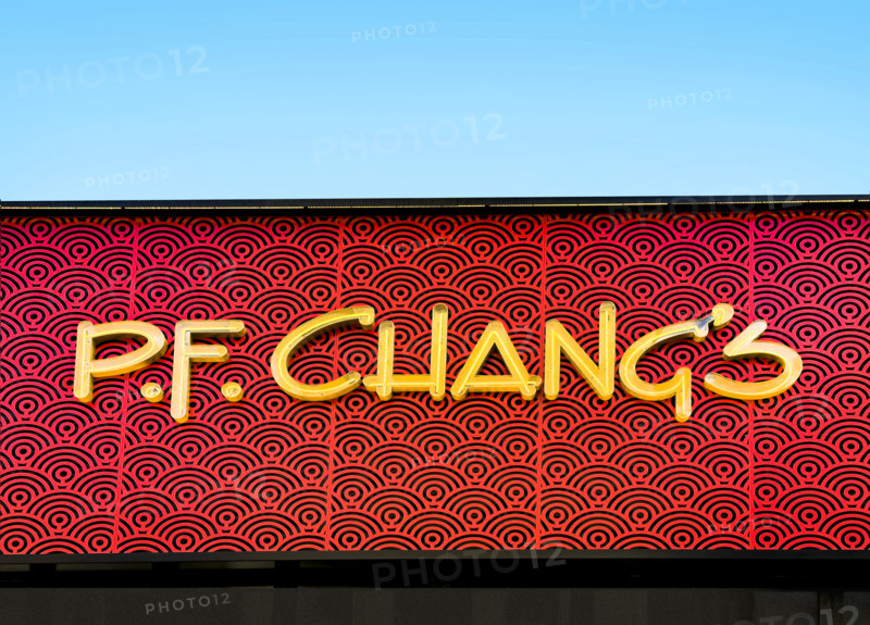 P.F. Chang's Chinese restaurant, building exterior detail of company sign, New York City, New York, USA