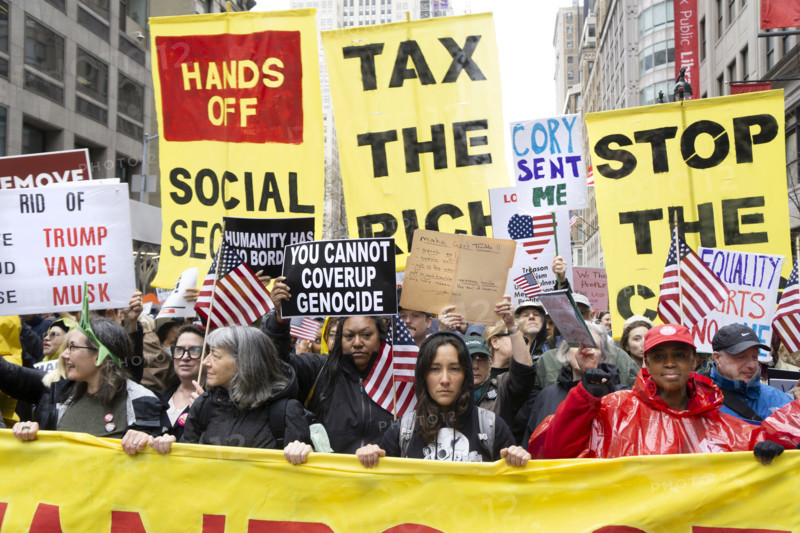 Demonstrators participating in "Hands Off" National Day of Action Protest, New York City, New York, USA