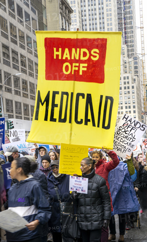 Demonstrators participating in "Hands Off" National Day of Action Protest, New York City, New York, USA