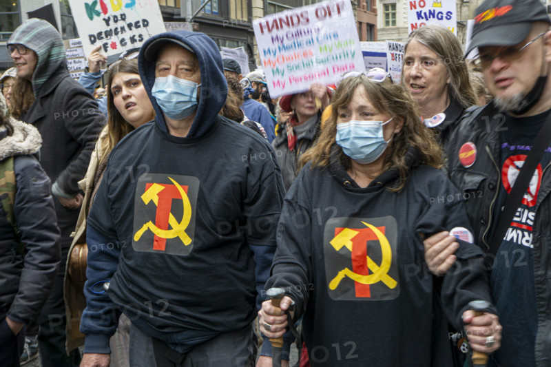 Demonstrators participating in "Hands Off" National Day of Action Protest, New York City, New York, USA
