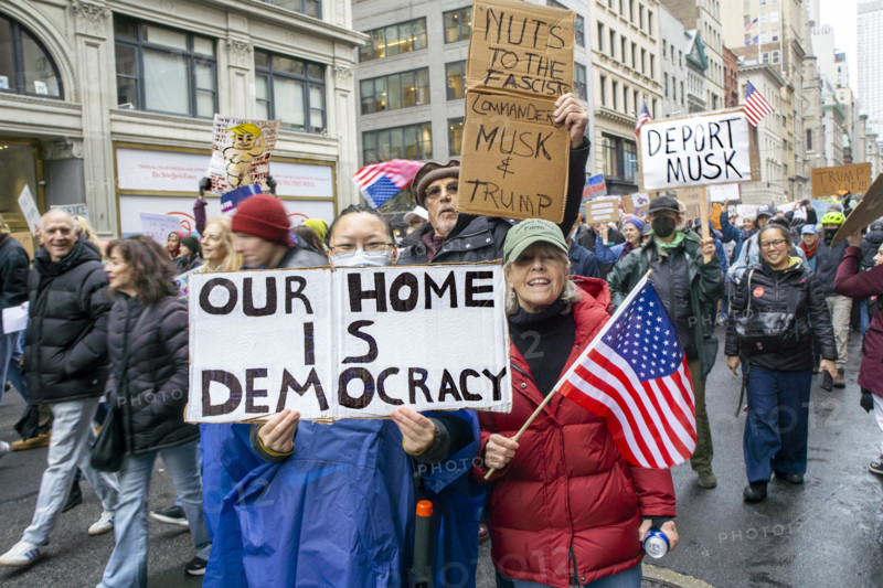 Demonstrators participating in "Hands Off" National Day of Action Protest, New York City, New York, USA