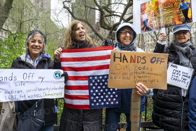 Demonstrators participating in "Hands Off" National Day of Action Protest, New York City, New York, USA