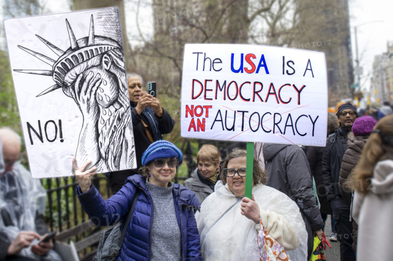 Demonstrators participating in "Hands Off" National Day of Action Protest, New York City, New York, USA