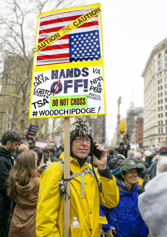Demonstrators participating in "Hands Off" National Day of Action Protest, New York City, New York, USA