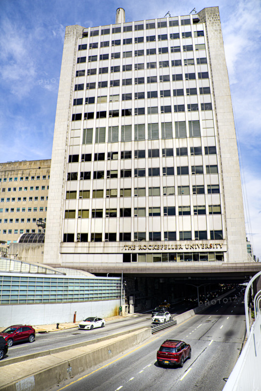 The Rockefeller University, a  private biomedical research and graduate-only university, building exterior with FDR Drive running underneath, New York City, New York, USA