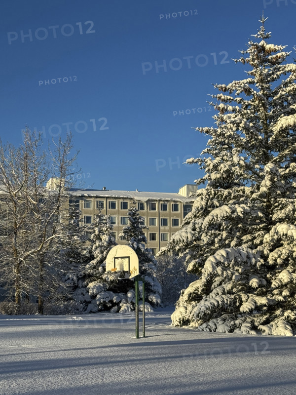 Basketball hoop in snow-covered neighborhood park in winter