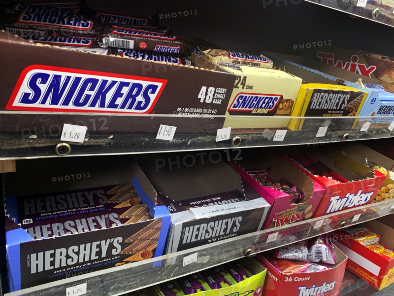 Selection of candy bars in grocery store