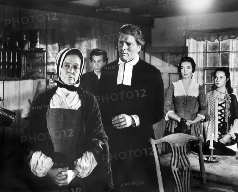 Eva Le Gallienne (left), Burt Lancaster (center), Neil McCallum (2nd left), Janelle Scott (2nd right), on-set of the film, "The Devil's Disciple", United Artists, 1959