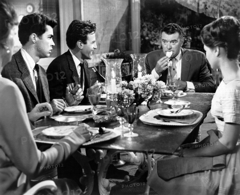 Rosalind Russell, Richard Beymer, Maximilian Schell, Jack Hawkins, Annette, Gorman, on-set of the film, "Five Finger Exercise", Columbia Pictures, 1962