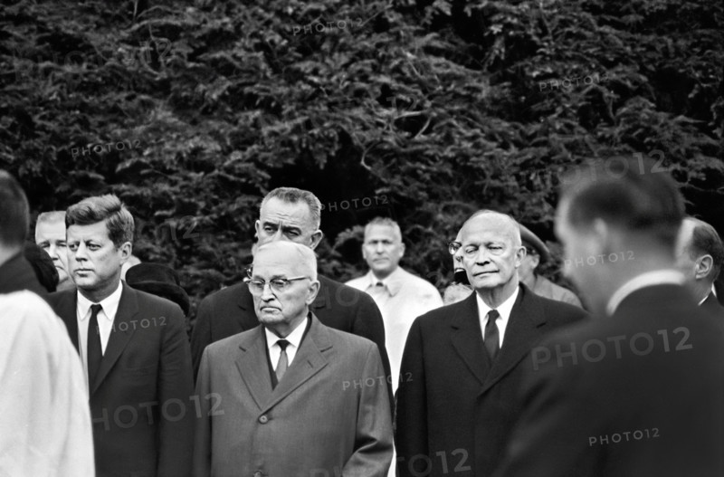 U.S. President John F. Kennedy and U.S. Vice President Lyndon Johnson with former U.S. Presidents, Harry S. Truman and Dwight D. Eisenhower, at funeral of former U.S. First Lady Eleanor Roosevelt rose garden on the Roosevelt estate, Hyde Park, New York, USA, Cecil W. Stoughton, White House Photographs, November 10, 1962