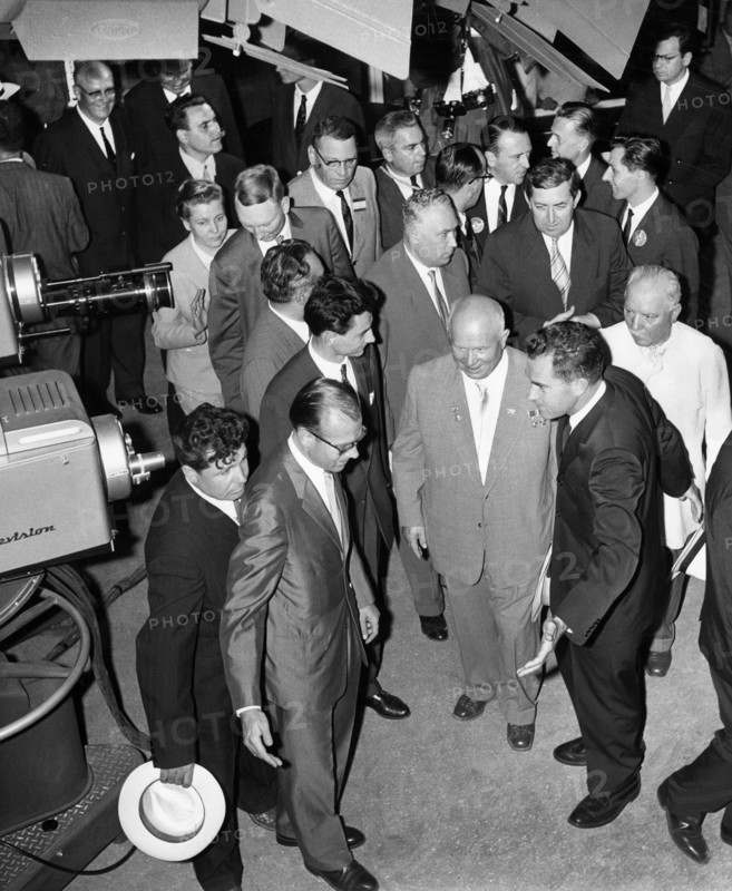 Soviet Premier Nikita Khrushchev and U.S. Vice President Richard M. Nixon pause in front of color television cameras to make a video tape recording before their tour of the American Exhibition at Sokolniki Park, Moscow, Soviet Union, White House Photo Office, July 27, 1959