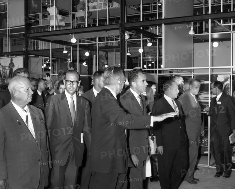 Soviet Premier Nikita Khrushchev and U.S. Vice President Richard M. Nixon touring the American Exhibition at Sokolniki Park, Moscow, Soviet Union, White House Photo Office, July 27, 1959