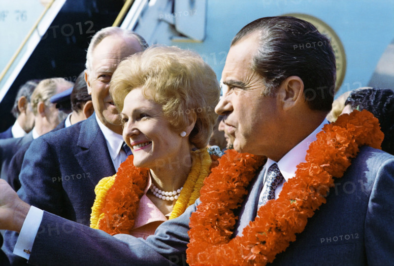 U.S. President Richard M. Nixon and U.S. First Lady Pat Nixon Exit from Aircraft and greet well-wishers, Marine Corps Air Station, Kaneohe Bay, Hawaii, USA, White House Photo Office, February 17, 1972