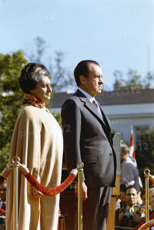U.S. President Richard Nixon and India's Prime Minister Indira Gandhi during a White House Arrival Ceremony, Washington, D.C., USA, White House Photo Office, November 4, 1971