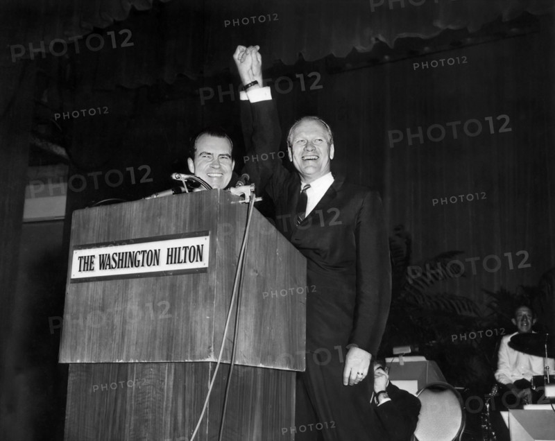 Representative Gerald R. Ford, House minority leader, Introducing U.S. President Richard M. Nixon at the Washington Hilton Hotel, Washington, D.C., USA, White House Photo Office, 1969