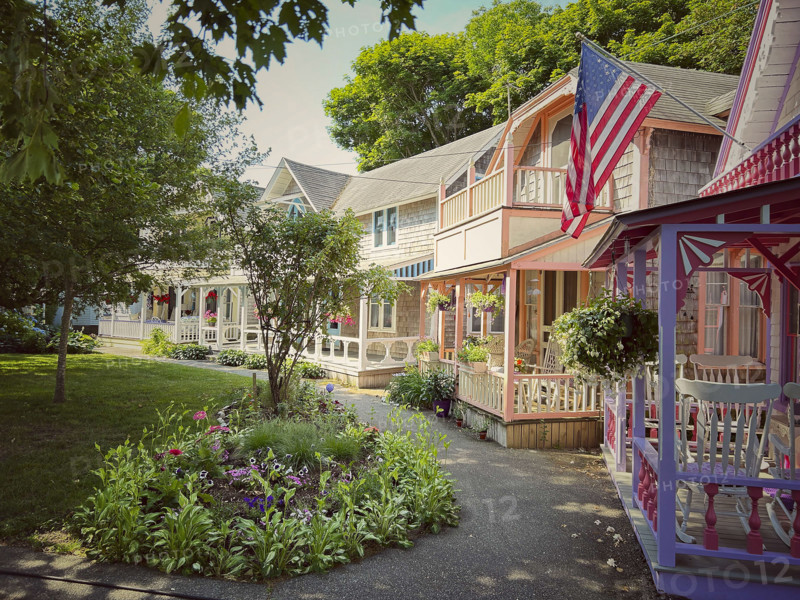 Colorful neighborhood houses in a row, Martha's Vineyard, Massachusetts, USA